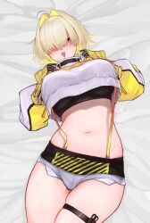 Rule 34 | 1girl, absurdres, ahoge, black gloves, black sports bra, blonde hair, blush, breasts, clothing cutout, crop top, crop top overhang, cropped sweater, elegg (nikke), exposed pocket, gloves, goddess of victory: nikke, grey shorts, hair intakes, hair over eyes, highres, large breasts, long bangs, long sleeves, looking at viewer, lying, micro shorts, multicolored clothes, multicolored gloves, multicolored hair, navel, on back, on bed, purple eyes, short hair, shorts, shoulder cutout, solo, sports bra, stanyan, suspender shorts, suspenders, sweatdrop, thigh strap, thighs, two-tone hair, yellow gloves