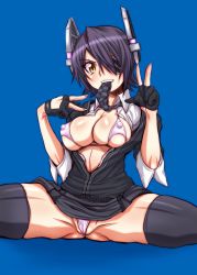Rule 34 | 10s, 1girl, bikini, blue background, blush, breasts, cameltoe, checkered clothes, checkered necktie, checkered neckwear, cleavage, covered erect nipples, eyepatch, gloves, gluteal fold, headgear, highres, hirokawa kouichirou, kantai collection, large breasts, looking at viewer, micro bikini, mouth hold, necktie, open clothes, partially fingerless gloves, partially visible vulva, purple hair, school uniform, short hair, simple background, sitting, skindentation, skirt, smile, solo, spread legs, swimsuit, teeth, tenryuu (kancolle), thighhighs, thighs, v, yellow eyes