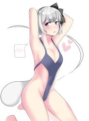 Rule 34 | 1girl, armpits, arms behind head, black bow, black hairband, blue eyes, blush, bow, bow hairband, breasts, cleavage, collarbone, commentary, ghost, hair ribbon, hairband, heart, kneeling, konpaku youmu, konpaku youmu (ghost), looking to the side, medium breasts, one-piece swimsuit, open mouth, ribbon, seiza, short hair, sideboob, simple background, sitting, solo, speech bubble, swimsuit, thighs, touhou, white background, white hair, youmu-kun
