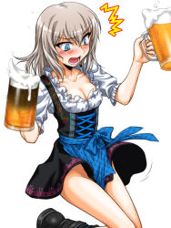 Rule 34 | 10s, 1girl, ^^^, alcohol, alternate costume, apron, beer, beer mug, black thighhighs, blouse, blue apron, blue eyes, blush, bodice, boots, breasts, cleavage, collarbone, commentary request, cup, d:, d:&lt;, dirndl, dress, dual wielding, embarrassed, eyeliner, german clothes, girls und panzer, grey hair, holding, itsumi erika, laces, legs together, long hair, looking down, makeup, mug, oktoberfest, oosaka kanagawa, open mouth, shippou (pattern), shirt, short dress, short sleeves, simple background, socks, solo, spilling, standing, sweat, thighhighs, underbust, unmoving pattern, v-shaped eyebrows, waist apron, white background, white shirt, wind, wind lift, zettai ryouiki