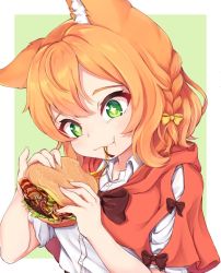Rule 34 | + +, 1girl, bacon, bow, braid, brown bow, burger, cheese, collared shirt, eating, food, green background, green eyes, hair bow, holding, holding food, lettuce, medium hair, meemo, orange hair, original, pickle, shirt, sleeves rolled up, smile, solo, upper body, white shirt, yellow bow
