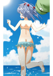 Rule 34 | 1girl, akagiakemi, arms up, ass, back, barefoot, bikini, blue eyes, blue hair, blue sky, blush, butt crack, cloud, cloudy sky, day, fangs, from behind, hair bobbles, hair ornament, hat, unworn hat, unworn headwear, kawashiro nitori, leg up, midriff, ocean, open mouth, outstretched arms, sky, smile, soles, standing, standing on one leg, swimsuit, touhou, twintails, two side up, water