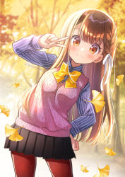 Rule 34 | 1girl, artist name, autumn, black skirt, blurry, blurry background, blush, bow, bowtie, braid, brown eyes, brown hair, day, ginkgo leaf, hand on own hip, kawanobe, leaf, leaning to the side, long hair, looking at viewer, original, outdoors, pantyhose, pink vest, red pantyhose, shirt, skirt, solo, striped clothes, striped shirt, sweater vest, v, vest, yellow bow