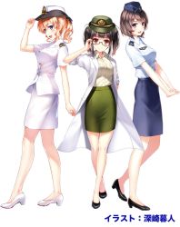 Rule 34 | 3girls, :d, adjusting clothes, adjusting eyewear, adjusting headwear, artist name, blonde hair, blue eyes, blush, breasts, brown hair, character request, copyright request, female service cap, full body, garrison cap, glasses, green-framed eyewear, hand on headwear, hat, japan air self-defense force, japan ground self-defense force, japan maritime self-defense force, japan self-defense force, kneepits, lab coat, looking at viewer, medium breasts, military, military uniform, misaki kurehito, multiple girls, no socks, open mouth, original, own hands together, pencil skirt, ponytail, red eyes, semi-rimless eyewear, shoes, short hair, short sleeves, skirt, smile, standing, translation request, transparent background, twintails, under-rim eyewear, uniform, v arms, white background