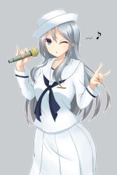 Rule 34 | 10s, 1girl, \n/, blouse, blue neckerchief, commentary, dixie cup hat, flint (girls und panzer), fox shadow puppet, girls und panzer, grey background, grey hair, hat, highres, holding, holding microphone, long hair, long sleeves, looking at viewer, medium skirt, microphone, military hat, musical note, neckerchief, one eye closed, parted lips, pinky out, quaver, ryochapu, sailor, school uniform, serafuku, shirt, simple background, skirt, solo, standing, upper body, white hat, white shirt, white skirt