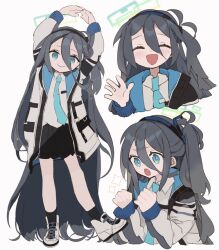 Rule 34 | 1girl, absurdly long hair, aris (blue archive), arms up, black hair, black hairband, black skirt, blue archive, blue eyes, blue necktie, blush, clenched hands, closed eyes, collared shirt, commentary, hair between eyes, hairband, halo, jacket, long hair, long sleeves, looking at viewer, multiple views, necktie, one side up, shirt, sikuku, simple background, skirt, smile, sparkle, very long hair, waving, white background, white jacket, white shirt