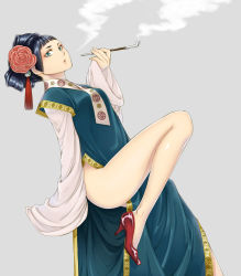 Rule 34 | 1girl, bad id, bad pixiv id, black hair, blue eyes, chinese clothes, chito04, flower, grey background, hair flower, hair ornament, high heels, highres, holding, holding smoking pipe, kiseru, leg up, looking at viewer, original, shoes, short hair, simple background, smoke, smoking pipe, solo