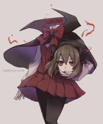 Rule 34 | 1girl, bags under eyes, black capelet, black nails, black pantyhose, blood, bow, bow hairband, bowtie, brown hair, capelet, dullahan, english text, hairband, headless, holding head, long sleeves, looking at viewer, medium hair, monster girl, nail polish, original, pantyhose, red bow, red bowtie, red eyes, red skirt, red vest, shirt, skirt, smile, solo, togeshiro azami, vest, white shirt