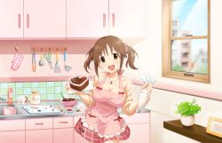 Rule 34 | 1girl, :d, apron, bow, breasts, brown eyes, brown hair, cutting board, food, food on face, frilled apron, frills, highres, icing, idolmaster, idolmaster cinderella girls, idolmaster cinderella girls starlight stage, kitchen, ladle, large breasts, looking at viewer, measuring cup, mixing bowl, official art, open mouth, oven mitts, pastry bag, plant, potted plant, red bow, red skirt, sink, skirt, smile, solo, spatula, spoon, sweet valentine (idolmaster), tongs, totoki airi, window