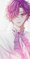 Rule 34 | 1boy, artist name, backlighting, bow, bowtie, brooch, commentary, curtains, english commentary, eyelashes, frilled shirt collar, frills, gem, gradient hair, hair over one eye, heterochromia, highres, jewelry, kiyukyuu, looking at viewer, male focus, mole, mole on neck, multicolored hair, nijisanji, nijisanji en, parted bangs, parted lips, pink eyes, pink hair, purple bow, purple bowtie, purple eyes, purple gemstone, purple hair, shirt, short hair, sidelocks, signature, solo, swept bangs, twitter username, uki violeta, upper body, virtual youtuber, watermark, white shirt