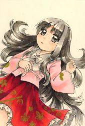 Rule 34 | black hair, blunt bangs, bow, bowtie, brown eyes, collared shirt, commentary request, floral print, highres, hime cut, houraisan kaguya, japanese clothes, long hair, long skirt, long sleeves, maa (forsythia1729), marker (medium), open mouth, pink shirt, red skirt, shirt, skirt, sleeves past wrists, touhou, traditional media, very long hair, white bow, white bowtie, wide sleeves