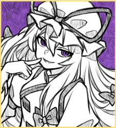 Rule 34 | 1girl, breasts, ch00suke, hat, hat ribbon, juliet sleeves, limited palette, long sleeves, looking at viewer, mob cap, parted lips, pointing, pointing at self, puffy sleeves, purple background, purple eyes, ribbon, seductive smile, simple background, small breasts, smile, solo, tabard, touhou, upper body, yakumo yukari