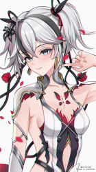 Rule 34 | 1girl, armpits, black bow, black eyes, black flower, bow, breasts, camellya (wuthering waves), cleavage, clothing cutout, collarbone, commentary, crossed bangs, earrings, flower, hair between eyes, hair bow, hair flower, hair ornament, highres, jewelry, looking at viewer, medium breasts, medium hair, multicolored hair, multiple hair bows, navel, navel cutout, red flower, red pupils, side cutout, sidelocks, smile, solo, streaked hair, tacet mark (wuthering waves), twintails, twitter username, upper body, uriuritei, white hair, white sleeves, wuthering waves
