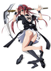 Rule 34 | 1girl, airi (queen&#039;s blade), airi (queen's blade), airi (the infernal temptress), apron, ass, black thighhighs, breasts, green eyes, hair ribbon, long hair, looking at viewer, looking back, lying, maid, maid apron, maid headdress, medium breasts, panties, queen&#039;s blade, red hair, ribbon, scythe, shiny skin, shoes, simple background, single shoe, single thighhigh, sock dangle, solo, ss-brain, thighhighs, twintails, underwear, white background, white panties, zettai ryouiki