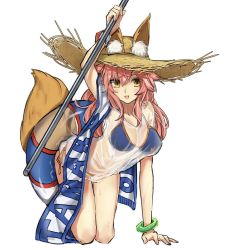 Rule 34 | 1girl, :d, all fours, animal ears, arm support, arm up, bikini, blue bikini, blush, bracelet, breasts, ears through headwear, fate/grand order, fate (series), fox ears, fox tail, full body, hair between eyes, hat, holding, holding staff, innertube, jewelry, large breasts, long hair, looking at viewer, open mouth, orange bikini, parted lips, pink hair, see-through, simple background, smile, solo, staff, straw hat, swim ring, swimsuit, tail, tamamo (fate), tamamo no mae (fate/extra), tamamo no mae (swimsuit lancer) (fate), tamamo no mae (swimsuit lancer) (second ascension) (fate), teshima nari, thigh gap, white background, yellow eyes