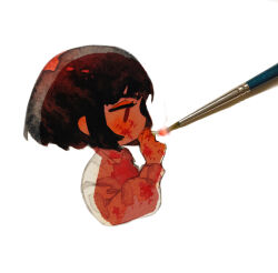 Rule 34 | 1girl, black hair, blood, blood on clothes, blood on face, brown eyes, chibi, cigarette, collared shirt, commentary request, fire, highres, library of ruina, limbus company, long sleeves, mochigome 138, paintbrush, painting (medium), photo (medium), project moon, ryoshu (project moon), shirt, short hair, smoking, solo, traditional media, watercolor (medium), white shirt