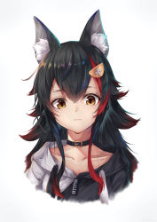 Rule 34 | 1girl, ahoge, animal ear fluff, animal ears, black choker, black hair, black jacket, choker, closed mouth, clothes writing, collarbone, commentary, dated commentary, expressionless, grey background, hair between eyes, hair ornament, hololive, jacket, long hair, looking at viewer, matutoki nara05, multicolored clothes, multicolored hair, multicolored jacket, ookami mio, ookami mio (casual), portrait, red hair, simple background, solo, streaked hair, two-tone hair, two-tone jacket, virtual youtuber, white jacket, wolf ears, yellow eyes
