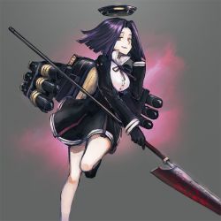 Rule 34 | 10s, 1girl, black gloves, blood, bloody weapon, commentary request, glaive (polearm), gloves, grey background, halo, hand on own cheek, hand on own face, ichi inaru, kantai collection, legs, looking at viewer, mechanical halo, polearm, purple hair, red eyes, red ribbon, ribbon, running, smirk, solo, tatsuta (kancolle), torpedo, weapon