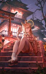 Rule 34 | 1girl, absurdres, animal ears, bare shoulders, blonde hair, blue archive, blush, breasts, building, detached sleeves, fox ears, fox mask, hair over one eye, hairband, halo, highres, holding, holding mask, ikkia, japanese clothes, kaho (blue archive), kimono, large breasts, long hair, looking at viewer, mask, mole, mole under mouth, night, okobo, sandals, socks, solo, thick eyebrows, thighs, wide sleeves, yellow eyes