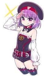 Rule 34 | &gt;:), 1girl, bare shoulders, belt, beret, black thighhighs, chan co, cowboy shot, cropped legs, detached collar, detached sleeves, fate/grand order, fate (series), flat chest, hat, helena blavatsky (fate), looking at viewer, purple eyes, purple hair, salute, sefirot, short hair, simple background, smile, solo, thighhighs, v-shaped eyebrows, white background