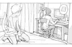 Rule 34 | 2boys, age difference, animal ears, cat ears, cat tail, computer, desk, draugnut, greyscale, highres, male focus, monochrome, multiple boys, naked shirt, onii-shota, original, shirt, spoken object, tail