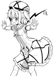 Rule 34 | 1girl, crystal, embodiment of scarlet devil, fang, female focus, flandre scarlet, greyscale, kannazuki hato, monochrome, open mouth, outstretched arms, pointy ears, short hair, side ponytail, simple background, solo, spread arms, touhou, wings, zipper