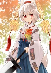 Rule 34 | 1girl, animal ears, autumn leaves, blue hakama, blurry, blush, closed mouth, comic, depth of field, eyebrows, hakama, hakama skirt, hat, holding, holding sword, holding weapon, inubashiri momiji, japa, japanese clothes, kimono, leaf, leaf background, long sleeves, looking at viewer, maple leaf, pom pom (clothes), red eyes, red hat, red ribbon, ribbon, serious, short hair, silver hair, skirt, solo, standing, sword, tail, tassel, tokin hat, touhou, unsheathed, weapon, wide sleeves, wolf ears, wolf tail