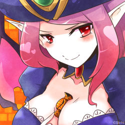 Rule 34 | 1girl, alternate costume, alternate hair color, artist name, between breasts, bewitching morgana, blush, breasts, candy, cleavage, commentary, food, hat, heart, large breasts, league of legends, long hair, morgana (league of legends), naughty face, pink hair, pointy ears, red eyes, smile, solo, stchi.wong, watermark, witch hat