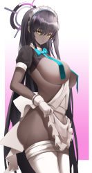 Rule 34 | 1girl, absurdres, apron, ass, bad id, bad pixiv id, between breasts, black hair, blue archive, blue bow, blue ribbon, bow, breasts, clothes pull, dark-skinned female, dark skin, frilled apron, frills, gloves, hair between eyes, hair over eyes, halo, highres, karin (blue archive), large breasts, long hair, looking at viewer, maid headdress, nevin (flyskying), pantyhose, pantyhose pull, puffy short sleeves, puffy sleeves, revealing clothes, ribbon, short sleeves, shrug (clothing), solo, very long hair, white apron, white gloves, white pantyhose, yellow eyes