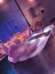 Rule 34 | 1girl, absurdres, ashtray, barefoot, bathing, bathtub, breasts, chainsaw man, cigarette, city, cityscape, cleavage, feet, feet up, foot focus, hair bun, highres, holding, holding cigarette, indoors, large breasts, looking at viewer, makima (chainsaw man), medium hair, partially submerged, presenting foot, red hair, ringed eyes, scenery, sidelocks, sitting, smile (qd4nsvik), smoke, smoking, solo, window, yellow eyes