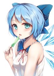 Rule 34 | 1girl, :o, alternate costume, aqua eyes, bare arms, bare shoulders, blue bow, blue hair, blush, bow, breasts, cirno, collarbone, detached wings, food, frilled shirt collar, frills, hair bow, hinoka (allen), holding, holding food, ice, ice wings, neck ribbon, open mouth, popsicle, red ribbon, ribbon, shirt, short sleeves, sleeveless, sleeveless shirt, small breasts, solo, touhou, upper body, wings