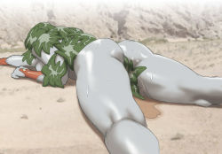 Rule 34 | 1girl, ass, beach, breasts, bridal gauntlets, choker, colored skin, defeat, facial mark, giant, giantess, grey skin, highres, large breasts, lying, monster, mousou tokusatsu series ultramadam, nappii (nappy happy), nude, on stomach, original, outdoors, parody, photo background, pussy juice, pussy juice puddle, rape, shiny skin, spread legs, starfish, sweat, thick thighs, thighs, toned, ultra series, ultramadam, unconscious
