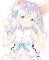 Rule 34 | 1girl, :o, animal ears, bare arms, bed sheet, blue bow, bow, braid, braided bangs, choker, commentary, dress, frilled dress, frills, hair between eyes, hair bow, hands up, long hair, looking at viewer, lying, on back, one side up, original, parted lips, sailor collar, sailor dress, silver hair, sleeveless, sleeveless dress, solo, symbol-only commentary, white choker, white dress, white sailor collar, yuizaki kazuya