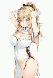 Rule 34 | 1girl, absurdres, arms behind head, arms up, black bow, blonde hair, blue eyes, blush, bow, breasts, bridal gauntlets, china dress, chinese clothes, cleavage, cleavage cutout, closed mouth, clothing cutout, commentary request, covered navel, cowboy shot, dress, genshin impact, hair between eyes, hair bow, high ponytail, highres, huge filesize, jean (genshin impact), large breasts, long hair, looking at viewer, pelvic curtain, ponytail, sideways glance, silver (chenwen), simple background, solo, standing, thighs, white background, white dress
