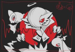 Rule 34 | 3others, black background, black sclera, bob cut, border, bright pupils, cardiogram, colored sclera, creatures (company), crowl (crowl 711), disembodied limb, dusclops, dusknoir, duskull, evolutionary line, floating, from side, full body, fusion, game freak, gardevoir, gen 3 pokemon, gen 4 pokemon, ghost, hair over one eye, halo, hands up, kirlia, long hair, looking at viewer, monochrome, multiple others, nintendo, one eye covered, other focus, outside border, pokemon, pokemon (creature), profile, ralts, red border, red eyes, red sclera, short hair, sketch, standing, two-tone background, upper body, white eyes, white pupils