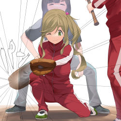 Rule 34 | 3girls, a1 (initial-g), baseball, baseball bat, baseball glove, black footwear, breasts, character request, closed mouth, commentary request, fang, green eyes, green footwear, hair bobbles, hair ornament, inuyama aoi, jacket, kneeling, large breasts, long hair, long sleeves, multiple girls, on one knee, one eye closed, red jacket, shoes, side ponytail, simple background, skin fang, smile, standing, thick eyebrows, track jacket, white background, yurucamp