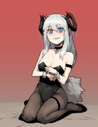 Rule 34 | 1girl, black footwear, black horns, black leotard, blue eyes, breasts, brown pantyhose, cleavage, commentary, covered navel, full body, goat horns, gogalking, grey hair, highres, horns, leotard, long hair, looking at viewer, medium breasts, original, pantyhose, parted lips, playboy bunny, shadow, shoes, sitting, solo, strapless, strapless leotard, sweatdrop, symbol-only commentary, wrist cuffs