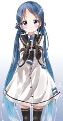 Rule 34 | &gt;:), 10s, 1girl, absurdres, adapted costume, alternate hairstyle, anchor symbol, black gloves, black neckerchief, black thighhighs, blue eyes, blue hair, blush, bow, buttons, clenched hands, closed mouth, dress, elbow gloves, eyebrows, gloves, gradient background, gradient hair, hair bow, hair ribbon, head tilt, highres, kantai collection, long hair, looking at viewer, low twintails, matching hair/eyes, multicolored hair, neckerchief, pentagon (railgun ky1206), ribbon, sailor dress, samidare (kancolle), school uniform, see-through, serafuku, short dress, short sleeves, simple background, smile, solo, striped, striped bow, thighhighs, twintails, v-shaped eyebrows, very long hair, white ribbon, zettai ryouiki
