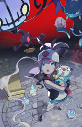 Rule 34 | 1girl, baseball cap, black jacket, blue eyes, blue shorts, brown hair, character request, creatures (company), e volution, from above, full body, game freak, gen 1 pokemon, golbat, hat, hilda (pokemon), holding, holding pokemon, jacket, long hair, looking up, nintendo, open clothes, open jacket, poke ball print, pokemon, pokemon (creature), pokemon bw, shirt, short shorts, shorts, sleeveless, sleeveless shirt, standing, sweatdrop, torn clothes, torn shorts, white headwear, white shirt