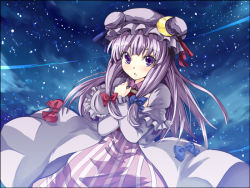Rule 34 | 1girl, blush, book, hugging book, bow, crescent, female focus, gin&#039;ichi (akacia), ginichi, hair bow, hat, holding, holding book, long hair, looking at viewer, night, night sky, hugging object, patchouli knowledge, purple eyes, purple hair, robe, sky, solo, striped, touhou