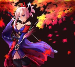 Rule 34 | 1girl, autumn leaves, bad id, bad pixiv id, blue eyes, breasts, detached sleeves, earrings, fate/grand order, fate (series), hair ornament, japanese clothes, jewelry, katana, kimono, large breasts, looking at viewer, miyamoto musashi (fate), miyamoto musashi (third ascension) (fate), pink hair, ponytail, sash, solo, sword, thighhighs, weapon