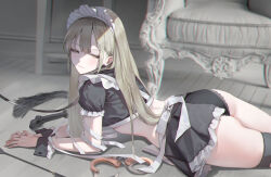 Rule 34 | 1girl, absurdres, armchair, ass, bbul horn, black panties, black skirt, breasts, chair, closed mouth, crop top, cuffs, frilled skirt, frilled sleeves, frills, from side, hair behind ear, handcuffs, highres, indoors, large breasts, leash, long hair, lying, maid headdress, on stomach, original, own hands together, panties, riding crop, short sleeves, skirt, solo, underwear, wrist cuffs