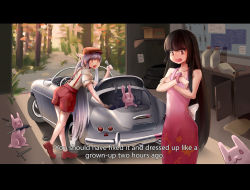 Rule 34 | 2girls, :3, absurdres, adapted costume, alternate costume, alternate hairstyle, animal, bare shoulders, black hair, brown hair, car, collarbone, crossed arms, dress, english text, forest, fujiwara no mokou, garage, hat, highres, hime cut, holding, houraisan kaguya, joeychen, letterboxed, light purple hair, long dress, long hair, looking at watch, motor vehicle, multiple girls, nature, ponytail, porsche, porsche 356 a 1600 super speedster, puffy short sleeves, puffy sleeves, rabbit, red footwear, red shorts, screwdriver, shirt, shoes, short sleeves, shorts, sidelocks, sleeveless, sleeveless dress, subtitled, suspenders, talking, tire, touhou, tree, vehicle, vehicle focus, very long hair, watch, wrench, wristwatch