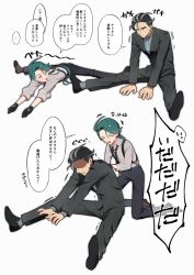 Rule 34 | 1boy, 1girl, ahoge, androgynous, assisted stretching, black gloves, black hair, black jacket, black necktie, black pants, black suit, blue necktie, collared shirt, creatures (company), formal, game freak, gloves, green hair, grey hair, grey shirt, highres, jacket, larry (pokemon), long hair, long sleeves, multicolored hair, necktie, nintendo, outstretched arms, pants, pokemon, pokemon sv, ponytail, red eyes, rika (pokemon), salaryman, shirt, short hair, simple background, sitting, smile, speech bubble, streaked hair, stretching, suit, suspenders, thick eyebrows, tomato 0429, very long hair, white background