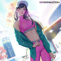 Rule 34 | 1girl, artist name, backlighting, baseball cap, blue eyes, brown hair, casual, collared shirt, commentary, contrapposto, copyright name, cowboy shot, d.va (overwatch), dated, dutch angle, earrings, english commentary, facial mark, green shirt, hat, head tilt, highres, jewelry, leggings, lips, long hair, long sleeves, looking to the side, nail polish, nose, off shoulder, osuk2, overwatch, overwatch 1, pink leggings, shirt, signature, sleeveless, sleeveless turtleneck, solo, sports bra, stomach, swept bangs, turtleneck, whisker markings