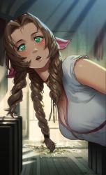 Rule 34 | 1girl, aerith gainsborough, blush, breasts, brown hair, church, cleavage, commentary, downblouse, english commentary, final fantasy, final fantasy vii, green eyes, hair ribbon, indoors, leaning forward, medium breasts, mleth, pink ribbon, ribbon, solo, square enix, tri drills
