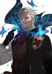 Rule 34 | 1boy, ascot, black cape, black gloves, blue butterfly, brown vest, bug, butterfly, cape, facial hair, fate/grand order, fate (series), gloves, hashtag-only commentary, highres, holding butterfly, insect, james moriarty (archer) (fate), jammobius, looking at animal, male focus, mustache, old, old man, red ascot, shirt, vest, white background, white hair, white shirt, wrinkled skin