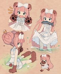 Rule 34 | &gt; &lt;, 1girl, animal ears, animal hands, bear ears, bear girl, bee, black nails, blush, bow, bug, chromu, dandelion, dress, english text, fangs, fish, flower, gloves, grass, green eyes, hair bow, hair bun, highres, holding, holding stuffed toy, honey, indie virtual youtuber, insect, licking, lisa (faeuna), long hair, mouth hold, multiple views, nail polish, open mouth, paw gloves, paw shoes, pink hair, simple background, single hair bun, sitting, skirt hold, sleeveless, sleeveless dress, stuffed animal, stuffed toy, teddy bear, very long hair, virtual youtuber, wet, wet clothes, white dress