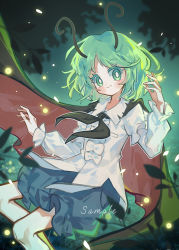 Rule 34 | 1girl, antennae, black cape, black neckerchief, blue shorts, blush, bow, bright pupils, cape, closed mouth, feet out of frame, fireflies, green eyes, green hair, long sleeves, looking at viewer, medium hair, neckerchief, plant, puffy shorts, red cape, sample watermark, shirt, shirt bow, shorts, smile, solo, suelement, touhou, two-sided cape, two-sided fabric, watermark, white bow, white pupils, white shirt, wriggle nightbug