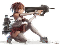Rule 34 | 10s, 1girl, 2016, aiming, artist name, bare shoulders, brown eyes, brown hair, dated, detached sleeves, gun, kantai collection, kneeling, natori (kancolle), one eye closed, on one knee, rifle, rudder footwear, sailor collar, short hair, solo, thighhighs, toka (marchlizard), turret, uniform, weapon